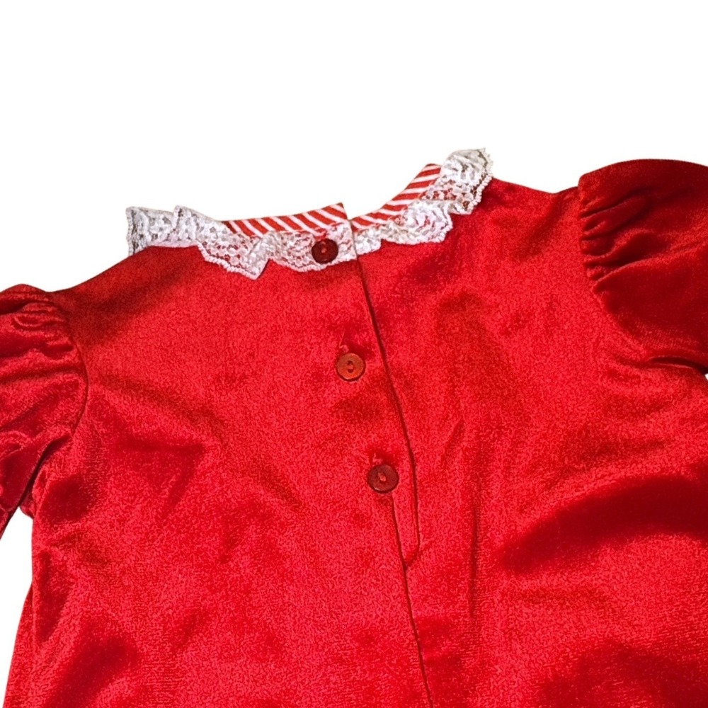 Vintage Evy Red Velvet Baby Romper Candy Stripe Infant Holiday Outfit Lace Sz 3M - Picture 7 of 7